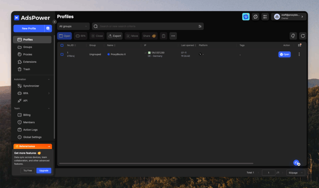adspower dashboard ProxyBlocks AdsPower